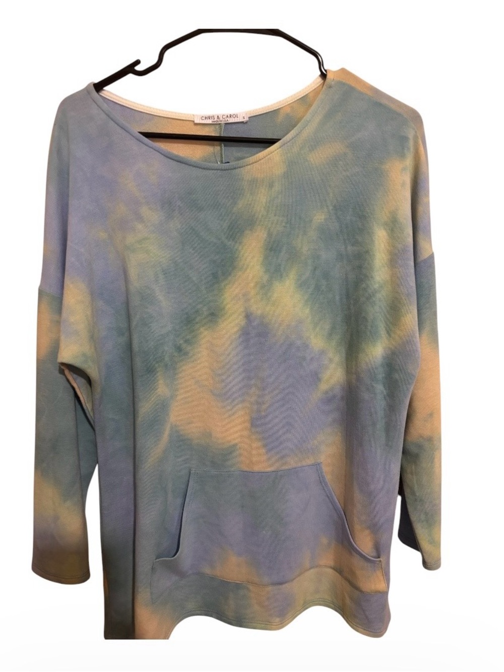 Chis + Carol Pastel Tie-Dye Pullover - Blue, teal & white. Pockets. Small /big